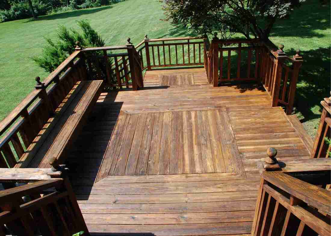 Wooden Decking including Stairs, Railings and Bench Seat